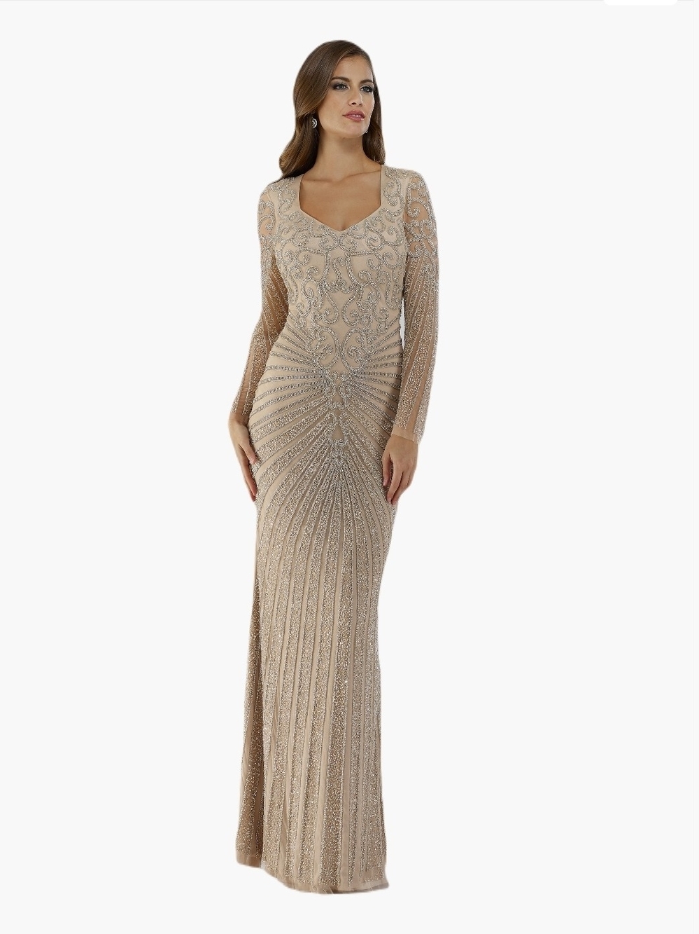 Embellished Long Sleeve Evening Gown in Beige - Lara New York